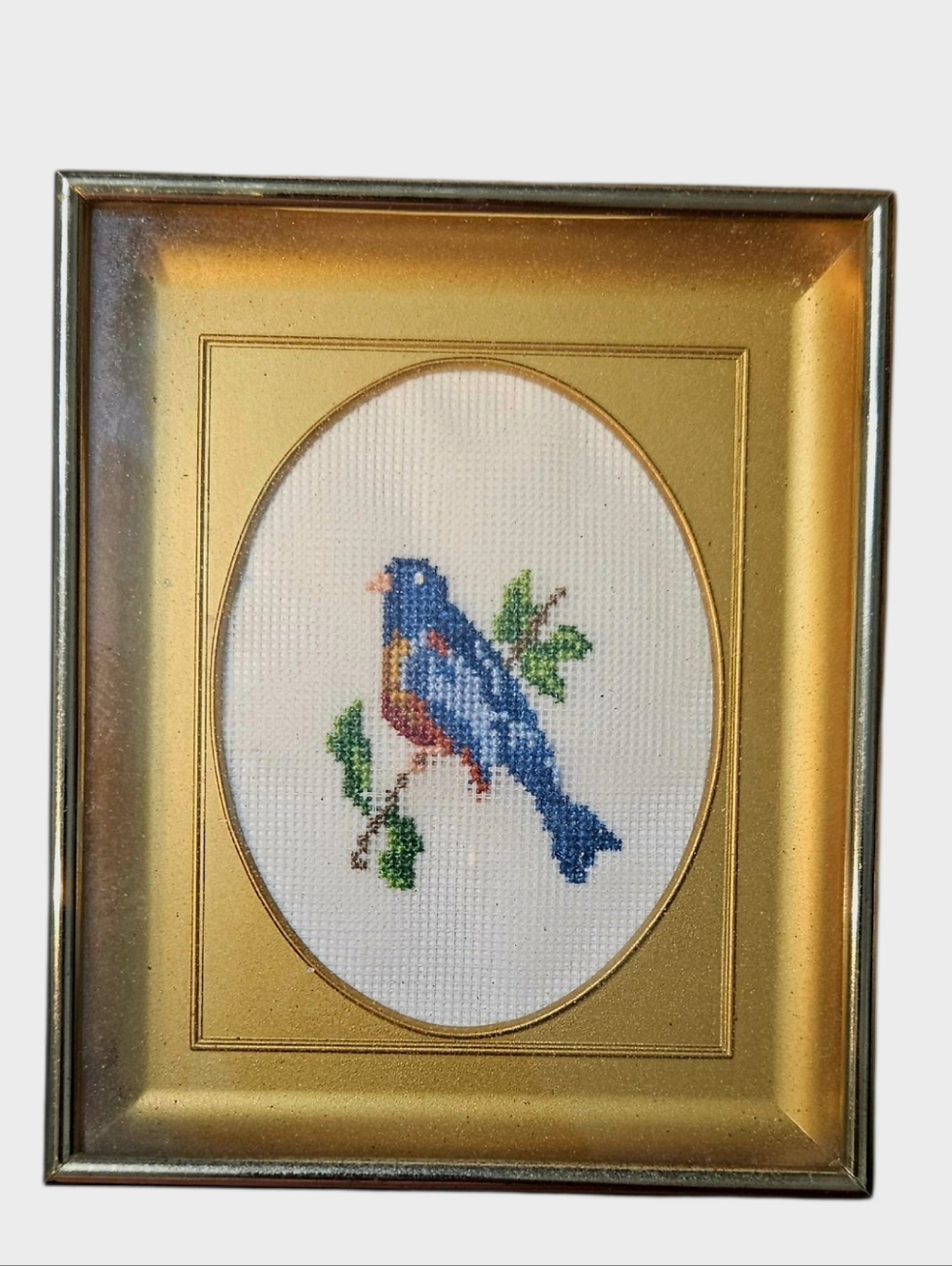 Vintage Framed Cross Stitched Bluebird On Limb